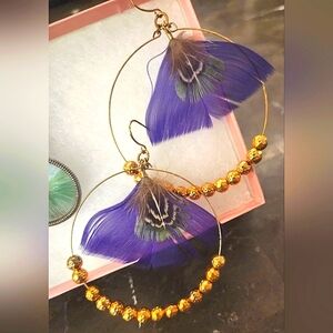 Vintage Gold & Purple Medium Large Beaded Hoop feather Earrings